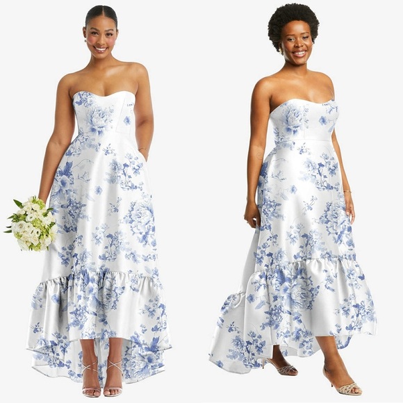 NWT ALFRED SUNG Floral Satin Twill Sweetheart Neck Strapless Ruffle Hem Gown 14 - Picture 1 of 7
